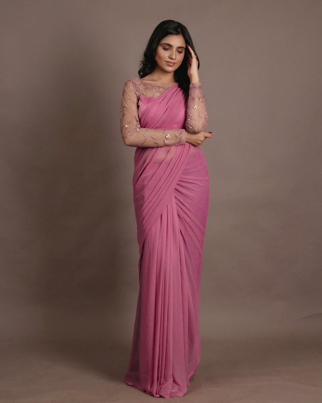 Chiffon Saree with stitched blouse-Mauve