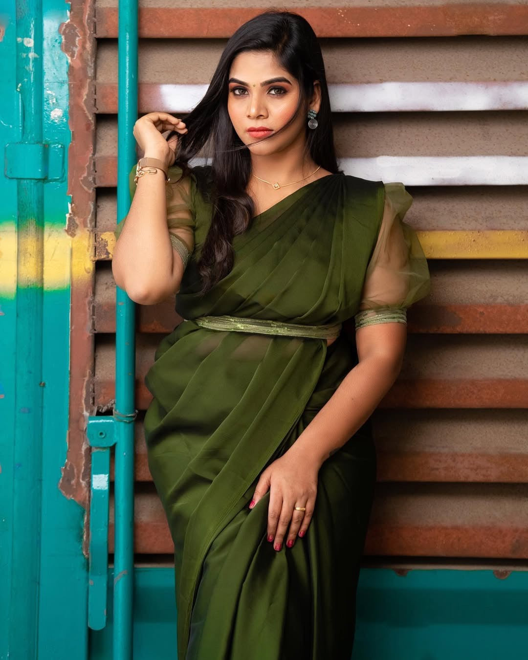 Shine Georgette saree-Olive green