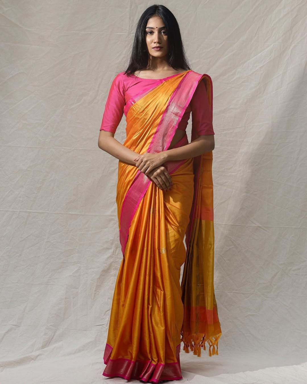 Silk saree-Mango yellow with pink zari