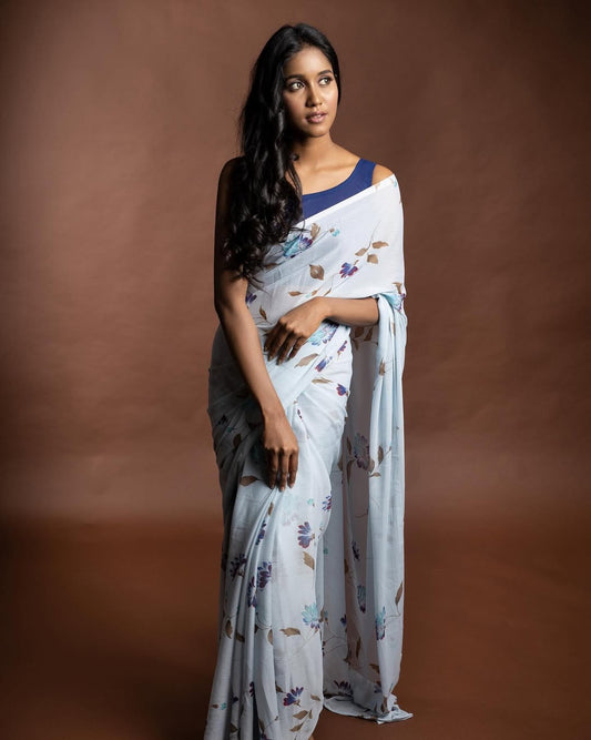 Printed Chiffon saree- Blue floral