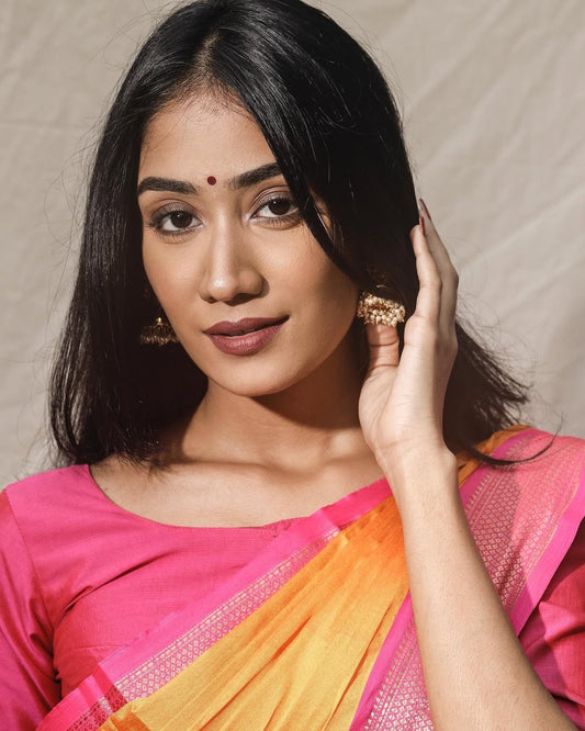 Silk saree-Mango yellow with pink zari