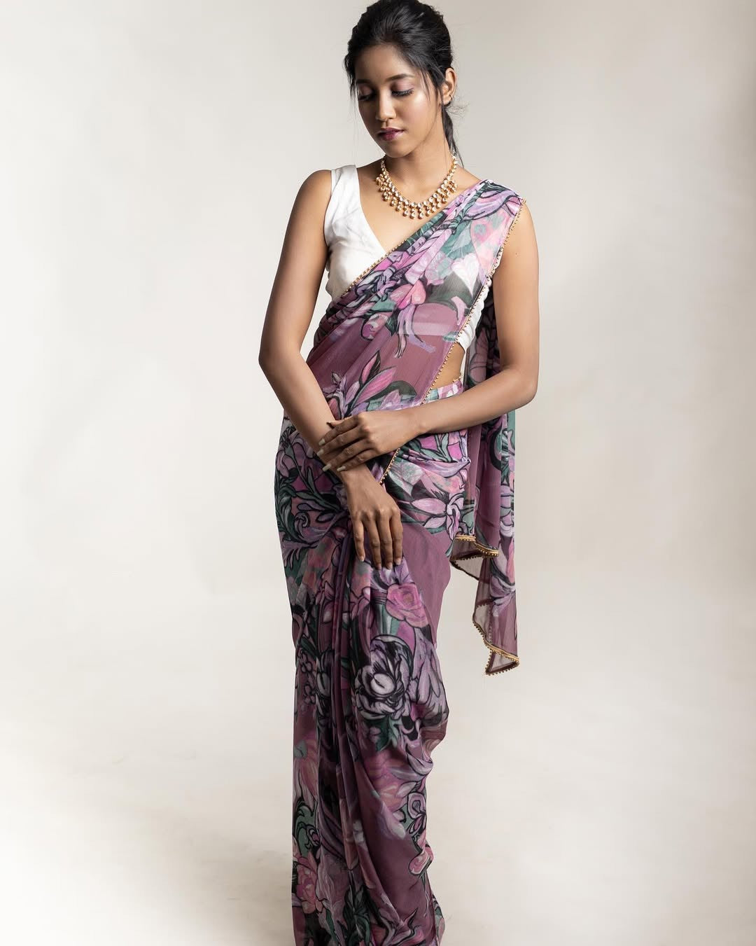 Printed Chiffon saree- Lavender floral