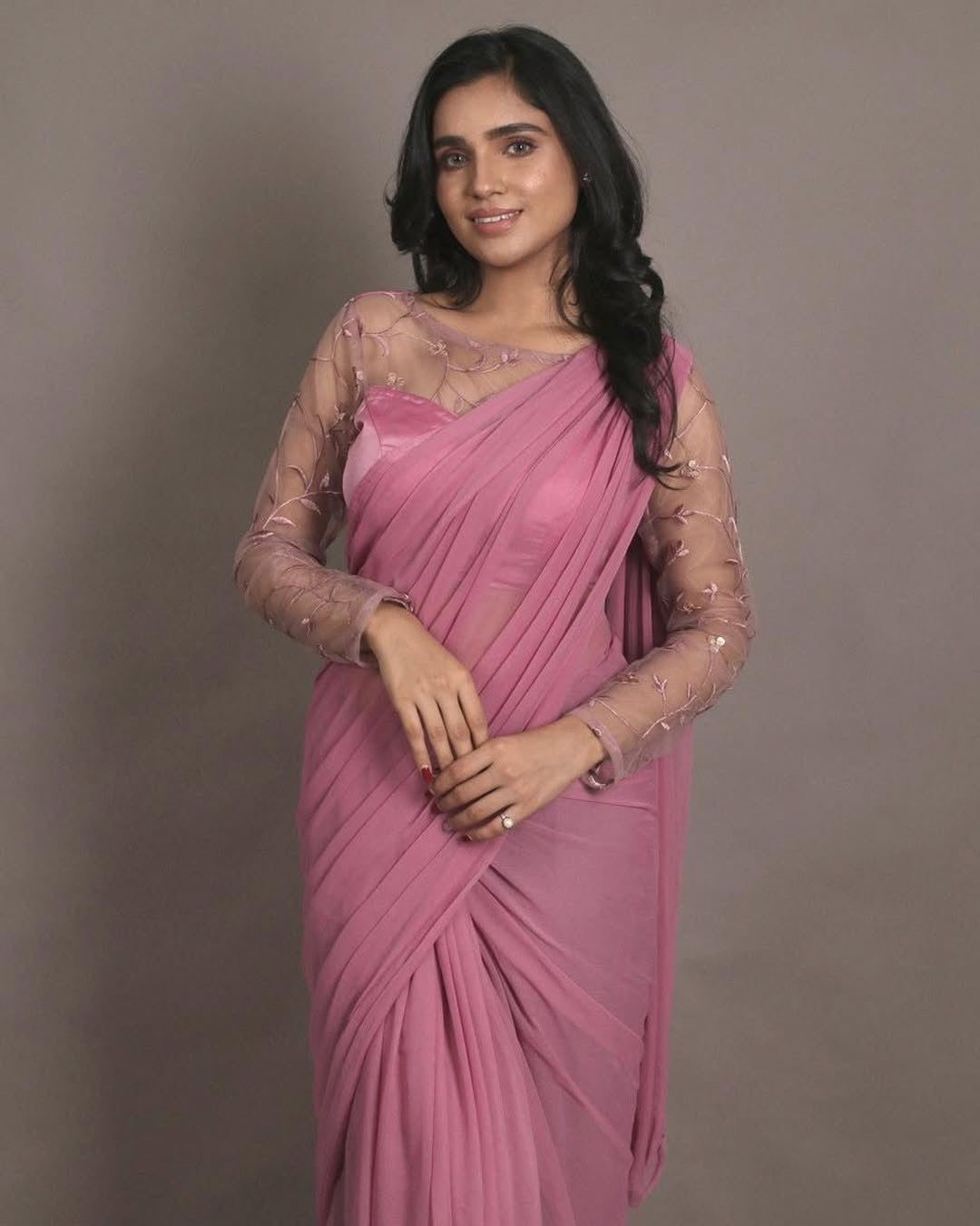 Chiffon Saree with stitched blouse-Mauve