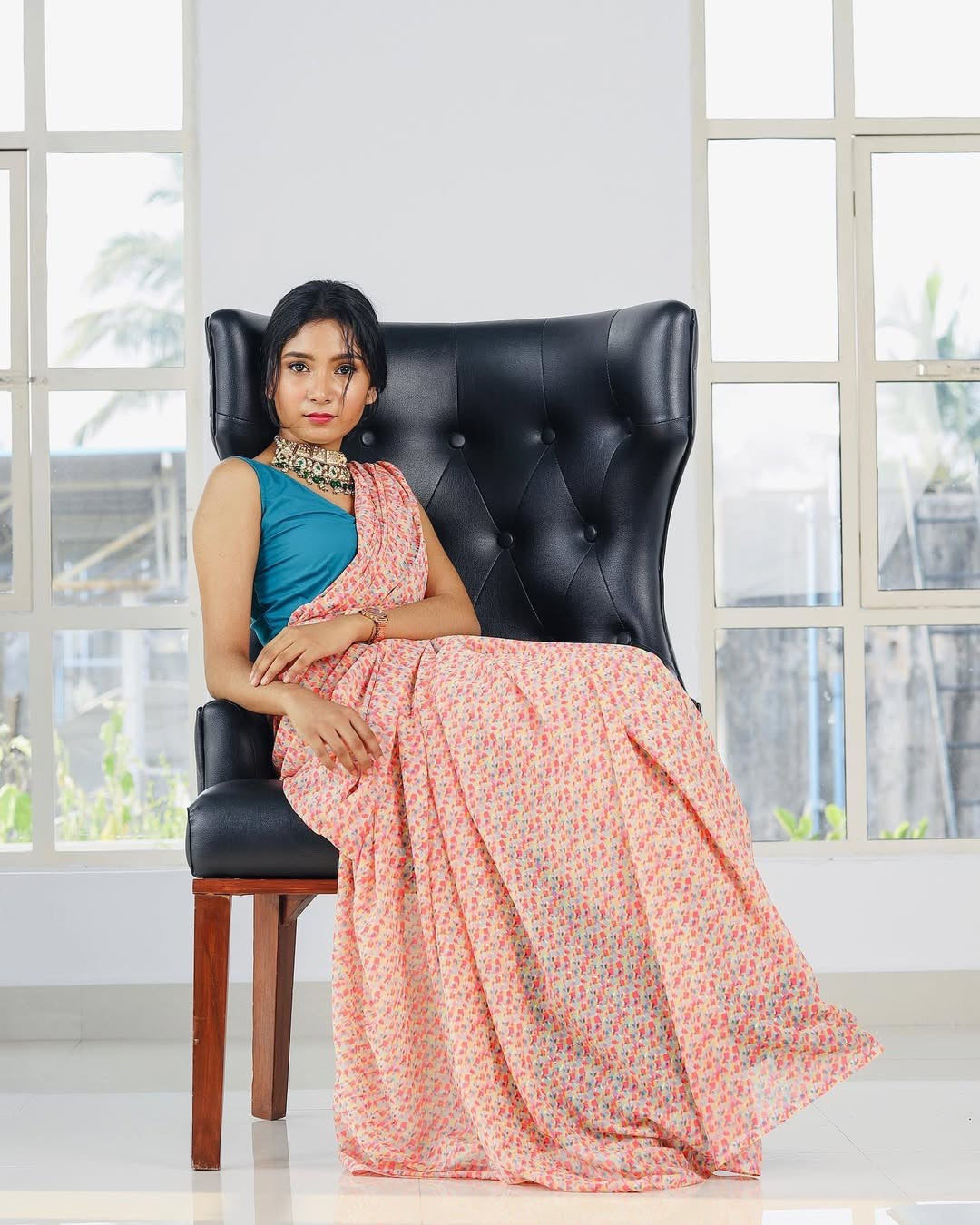 Printed Georgette sarees(Peach floral)