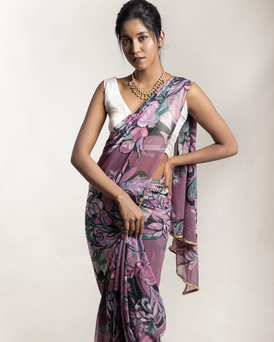 Printed Chiffon saree- Lavender floral