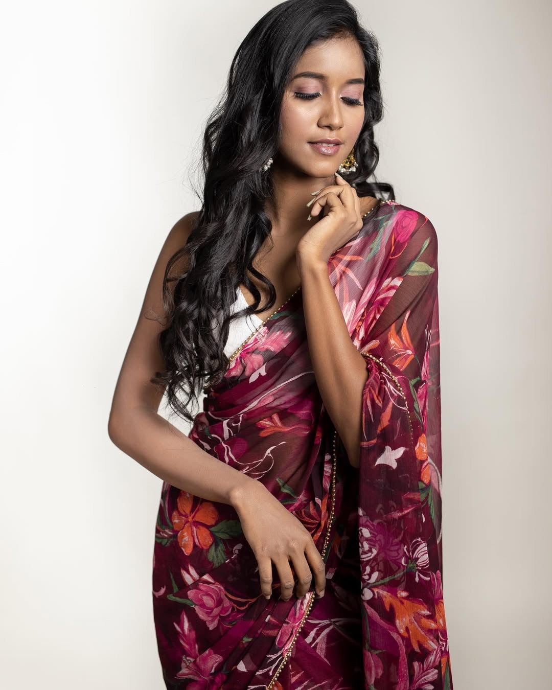 Printed Chiffon saree- Maroon floral