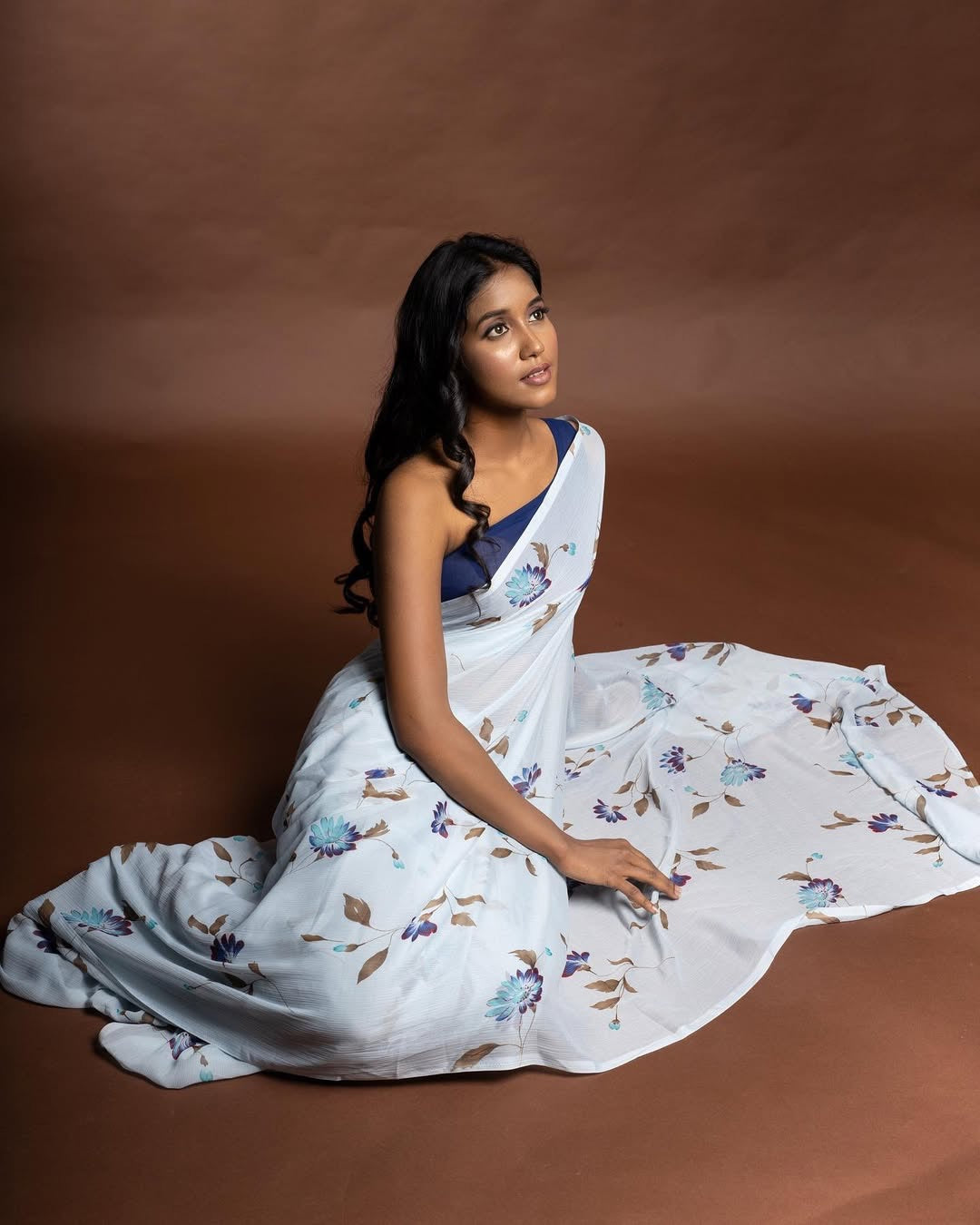 Printed Chiffon saree- Blue floral