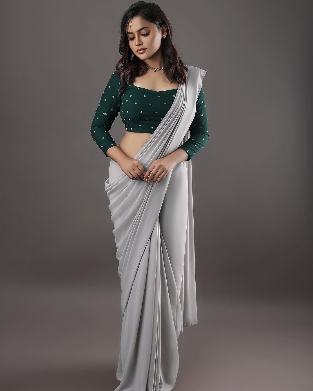 Georgette saree with stitched blouse-Ash