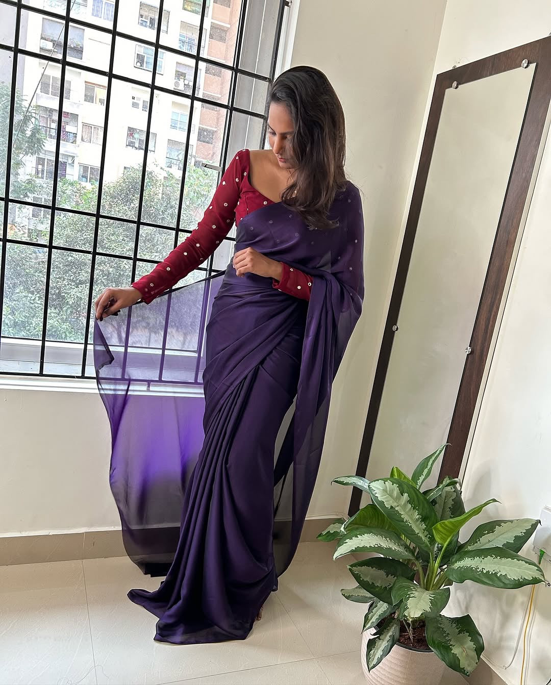 Shine Georgette saree with stitched blouse-Violet