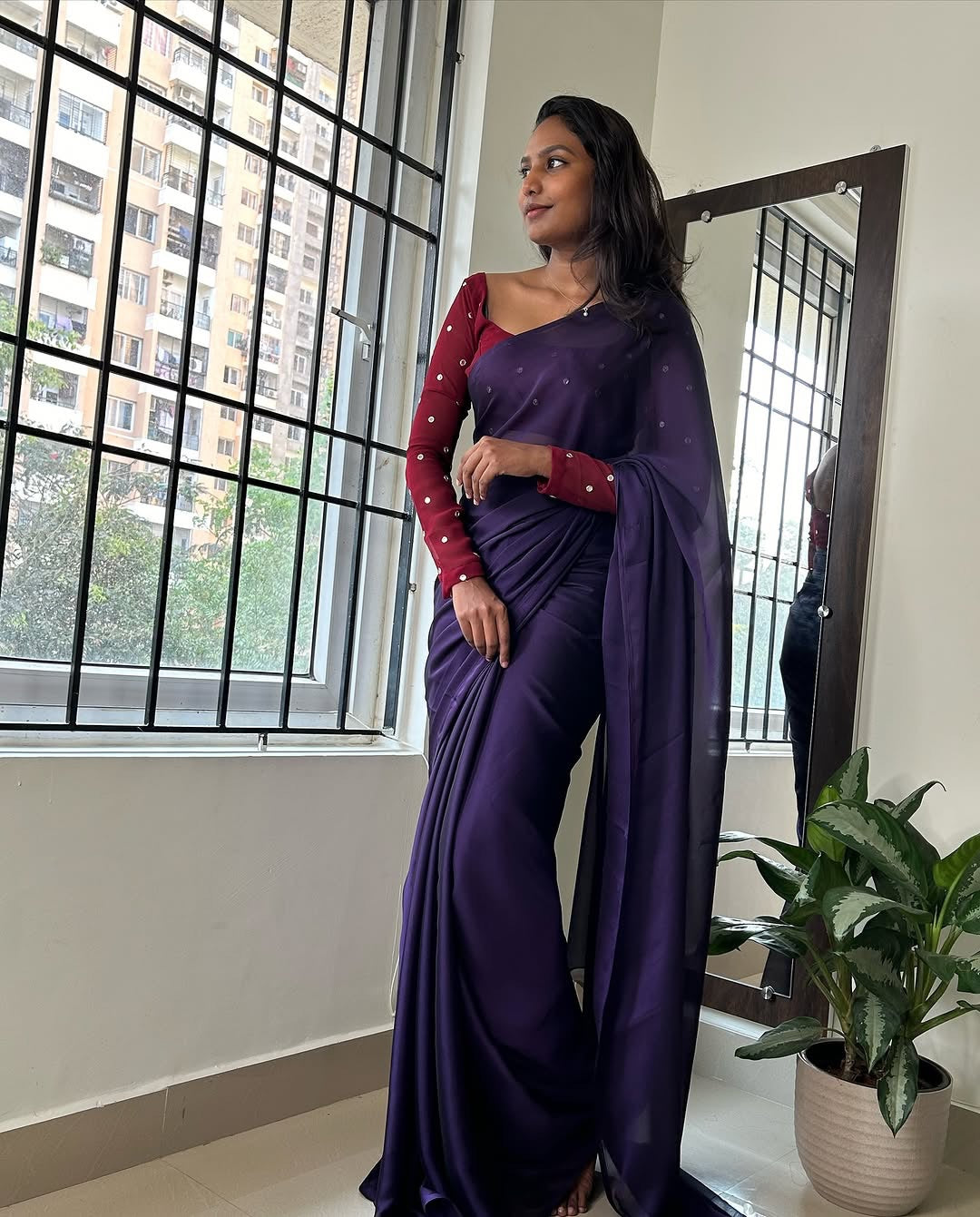 Shine Georgette saree with stitched blouse-Violet