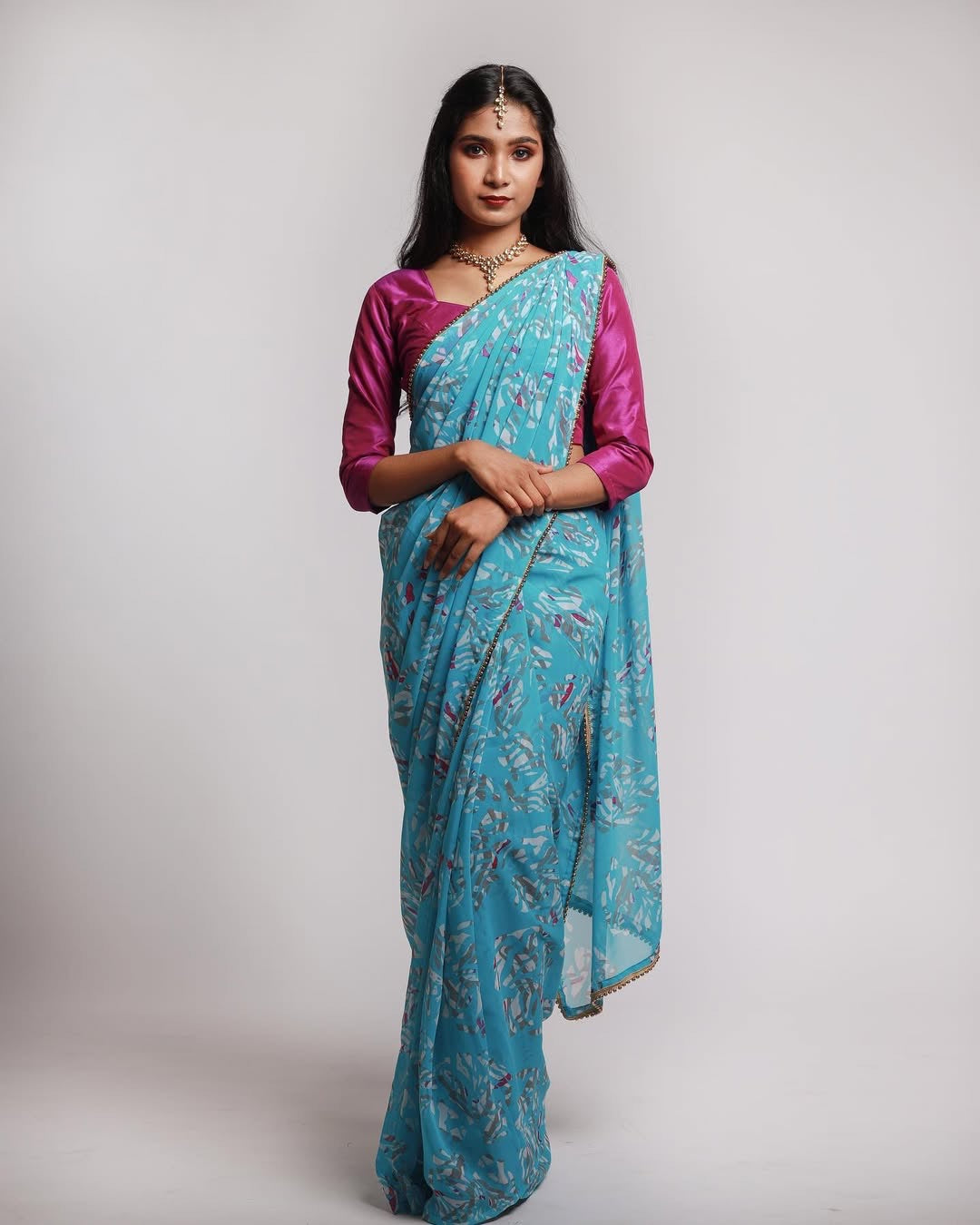 Printed Georgette sarees(Blue floral)