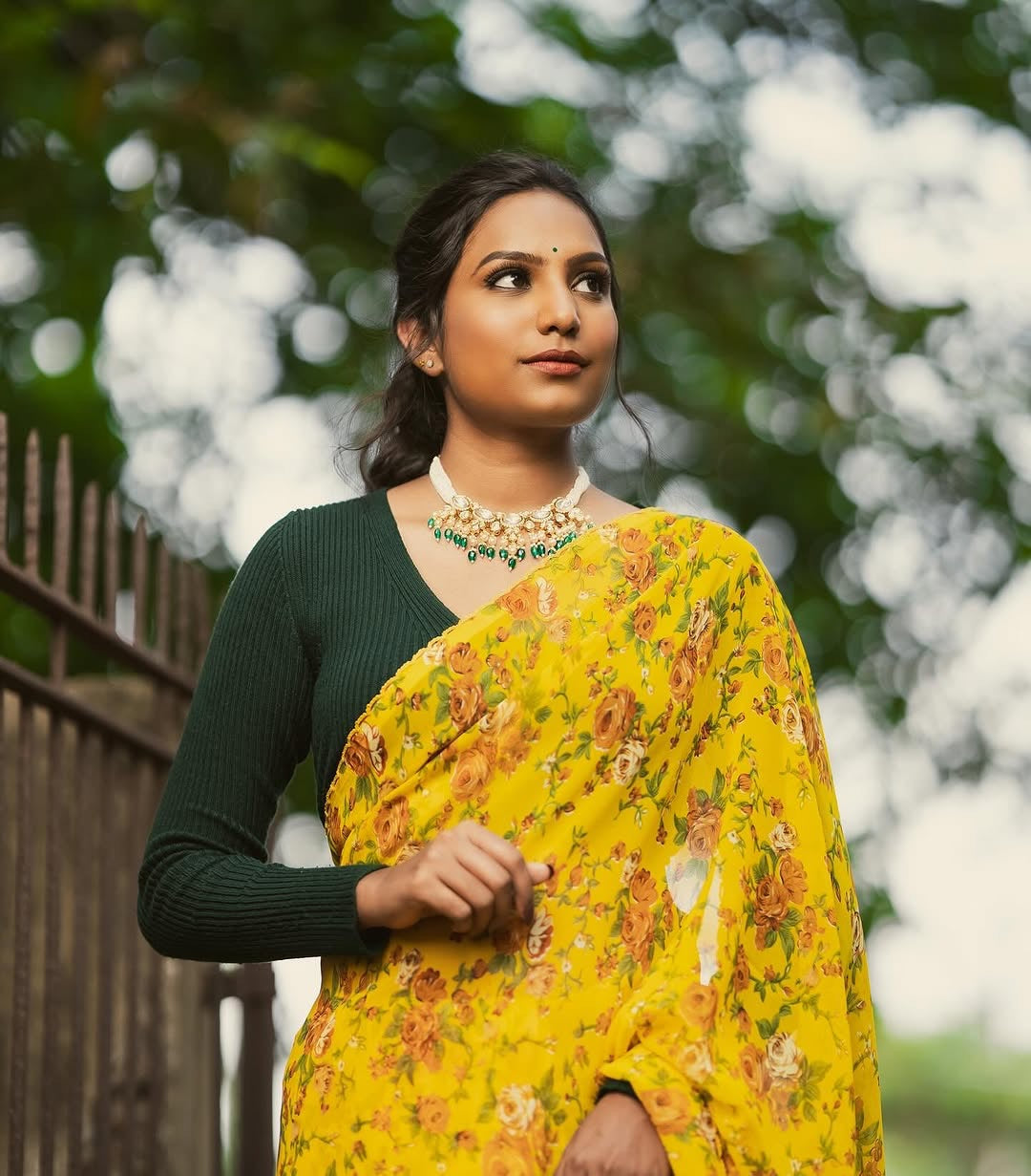 Printed Chiffon saree- Yellow floral