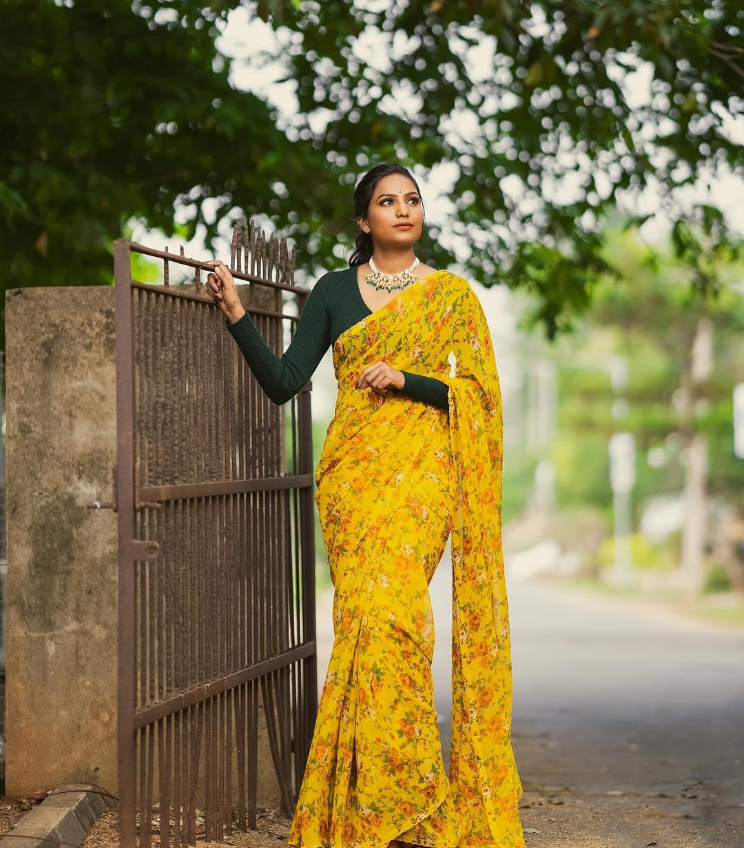 Printed Chiffon saree- Yellow floral