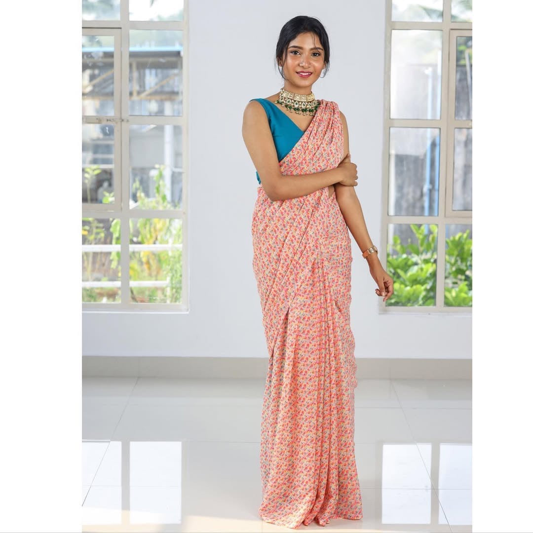 Printed Georgette sarees(Peach floral)