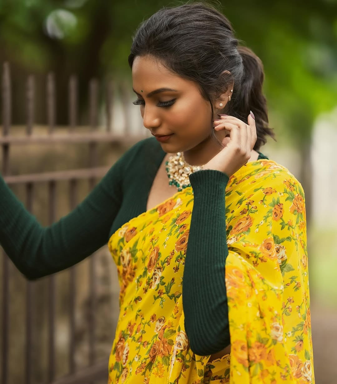 Printed Chiffon saree- Yellow floral