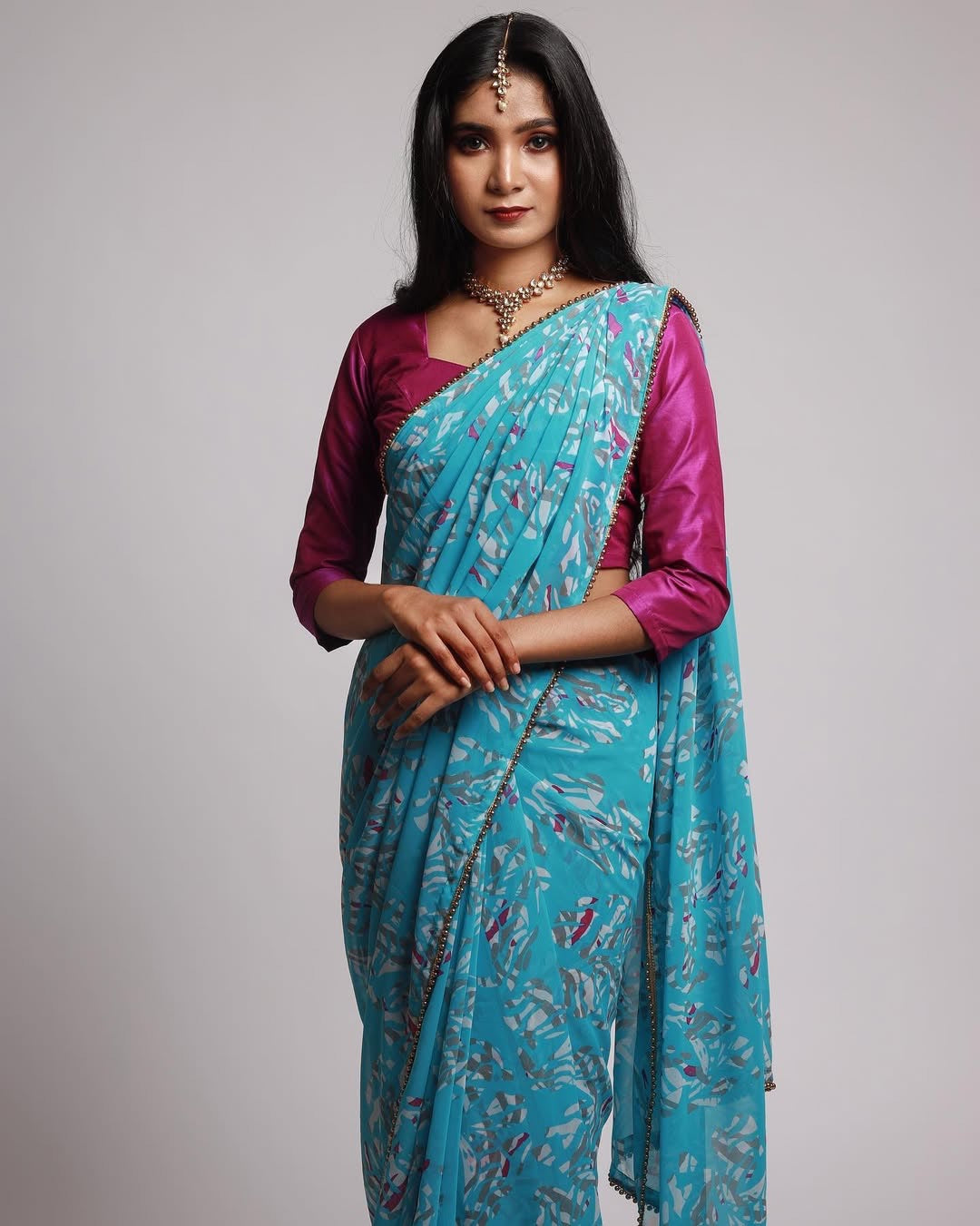 Printed Georgette sarees(Blue floral)