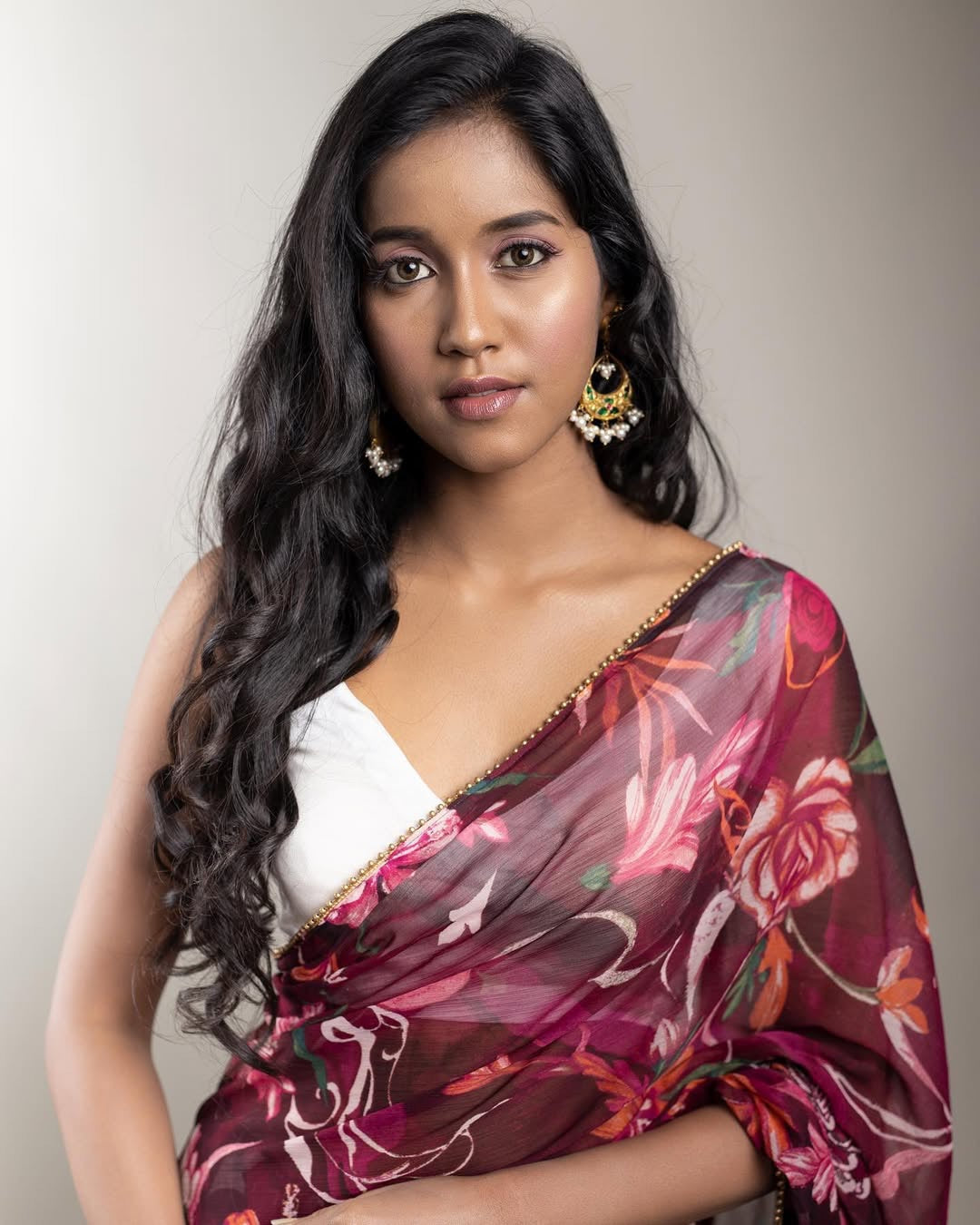 Printed Chiffon saree- Maroon floral