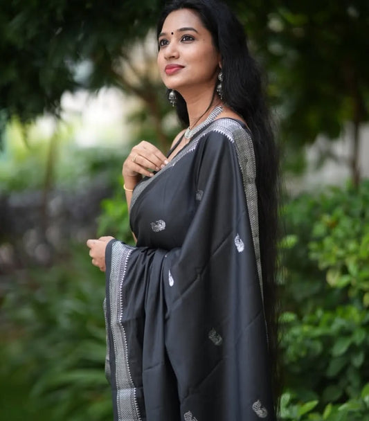 Silk saree-Black Silver zari