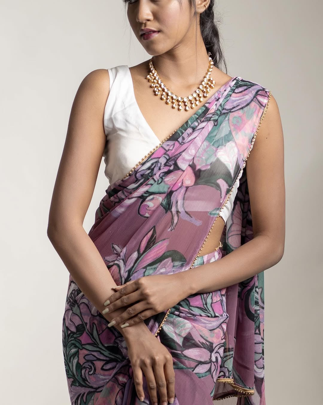 Printed Chiffon saree- Lavender floral