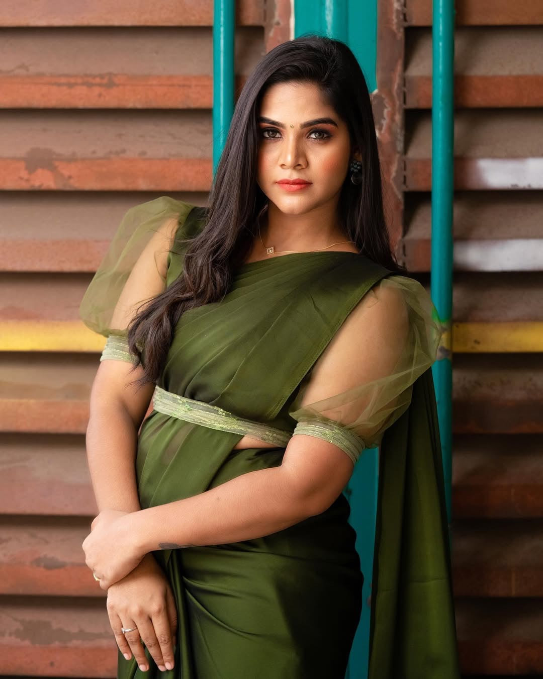 Shine Georgette saree-Olive green