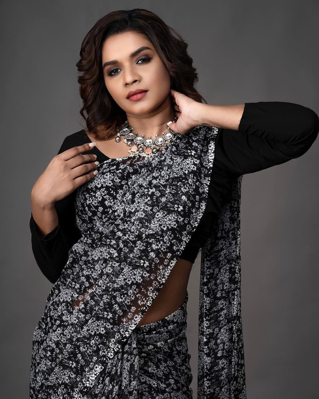 Printed Chiffon saree- Black floral