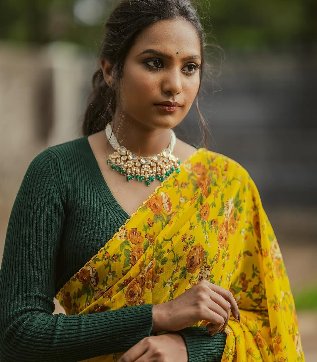 Printed Chiffon saree- Yellow floral