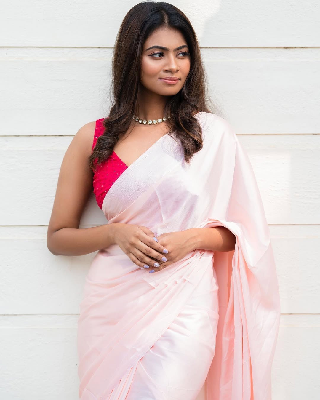 Satin saree- Baby pink