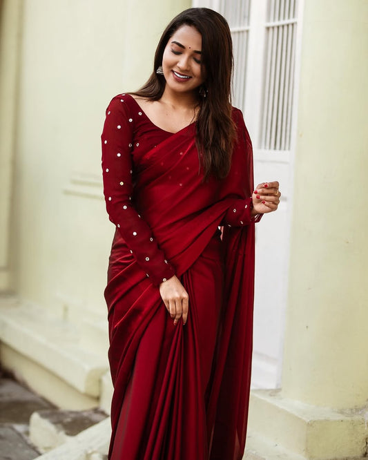 Shine Georgette saree with stitched blouse-Maroon