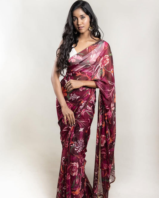 Printed Chiffon saree- Maroon floral