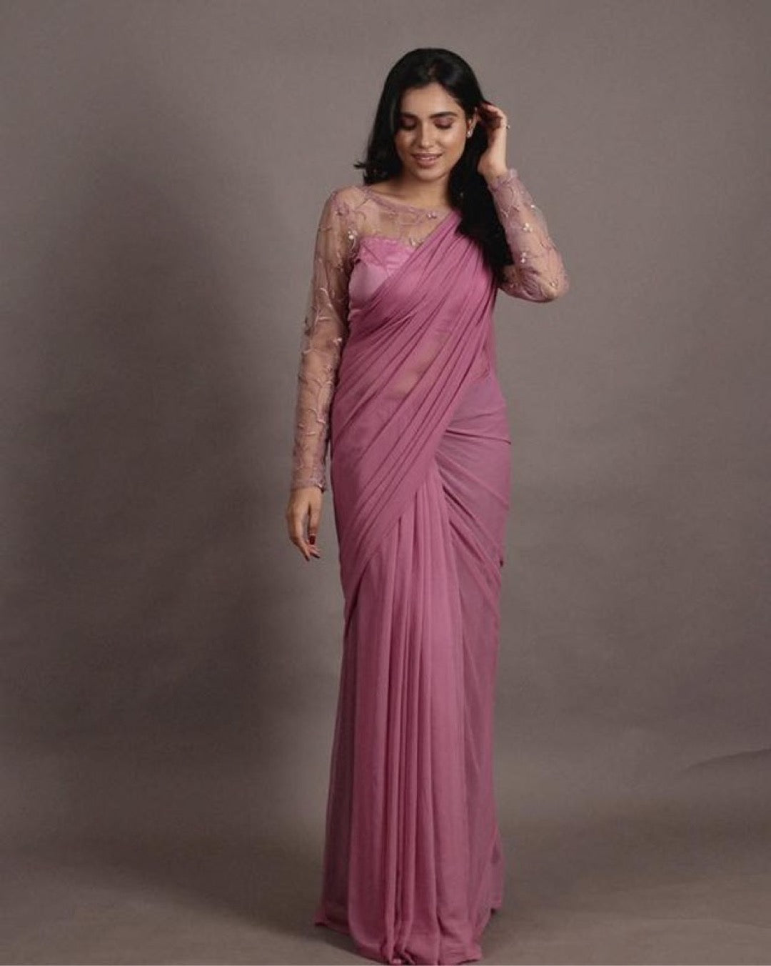 Chiffon Saree with stitched blouse-Mauve