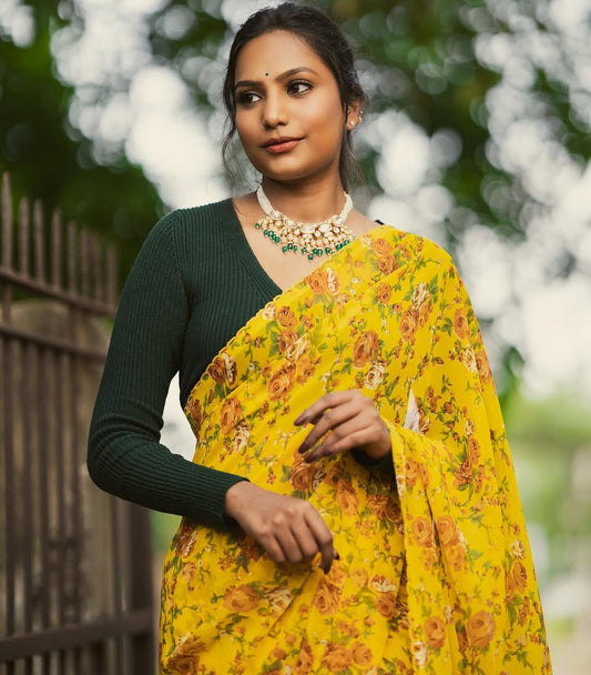 Printed Chiffon saree- Yellow floral