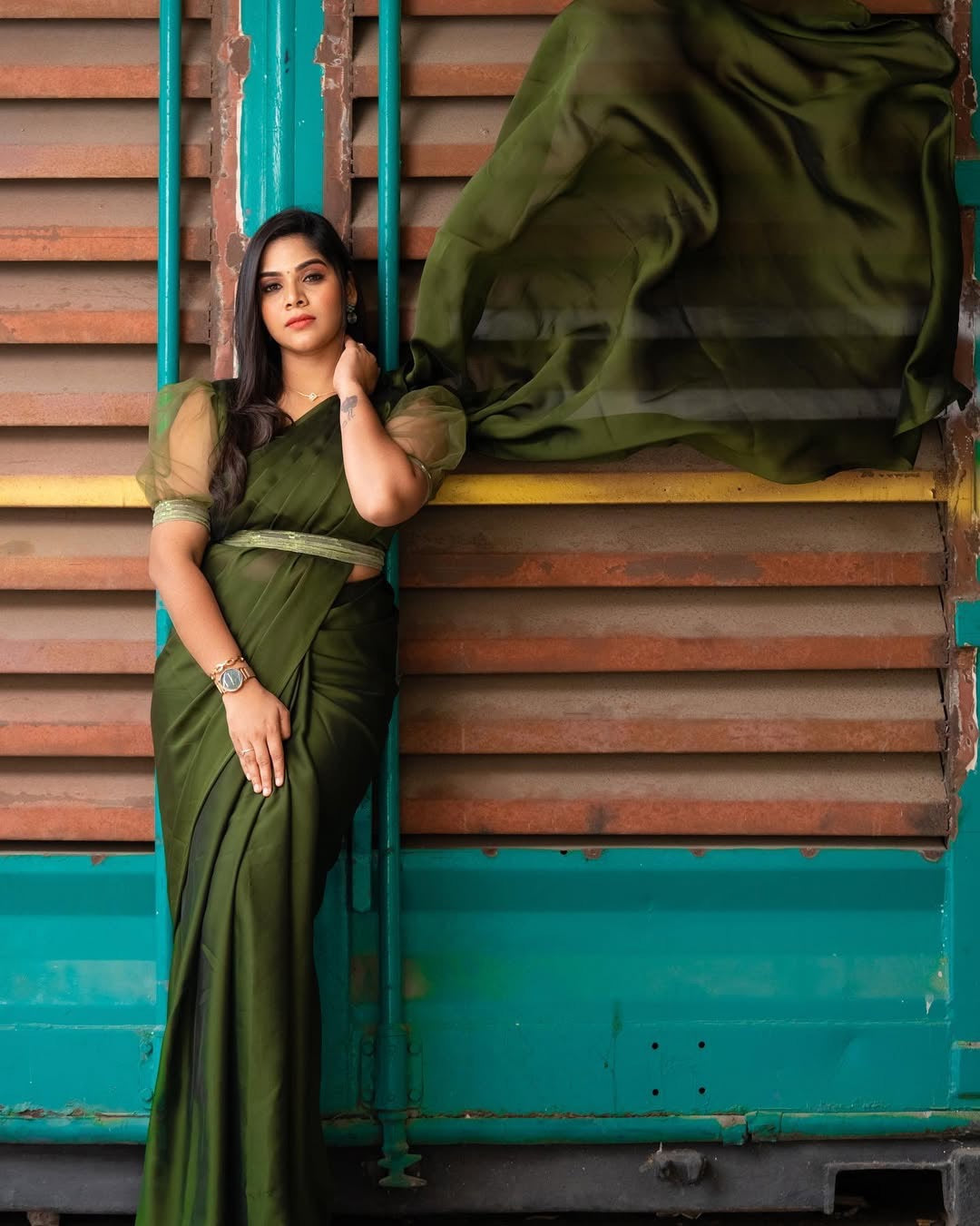 Shine Georgette saree-Olive green