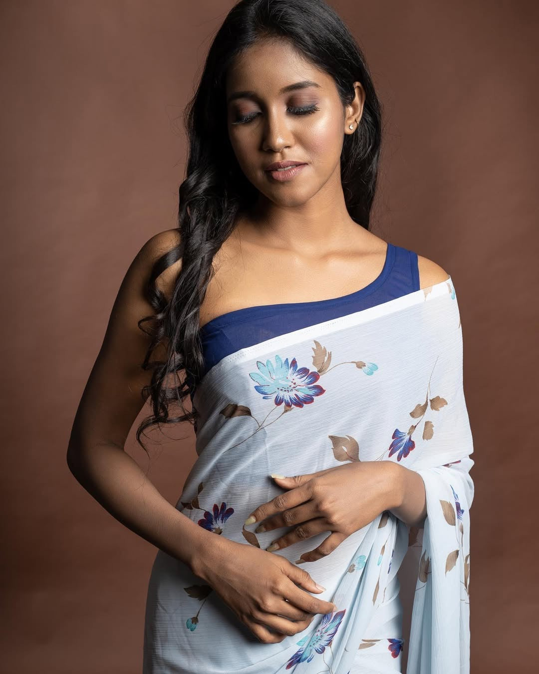 Printed Chiffon saree- Blue floral