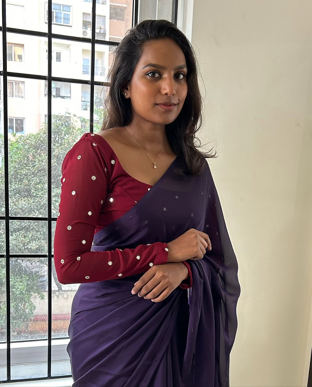 Shine Georgette saree with stitched blouse-Violet